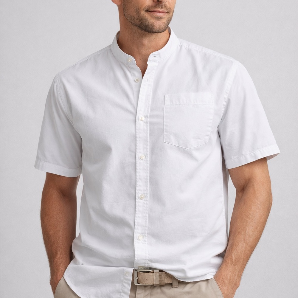 Topman White Short-Sleeve Band Collar Button-Down Shirt